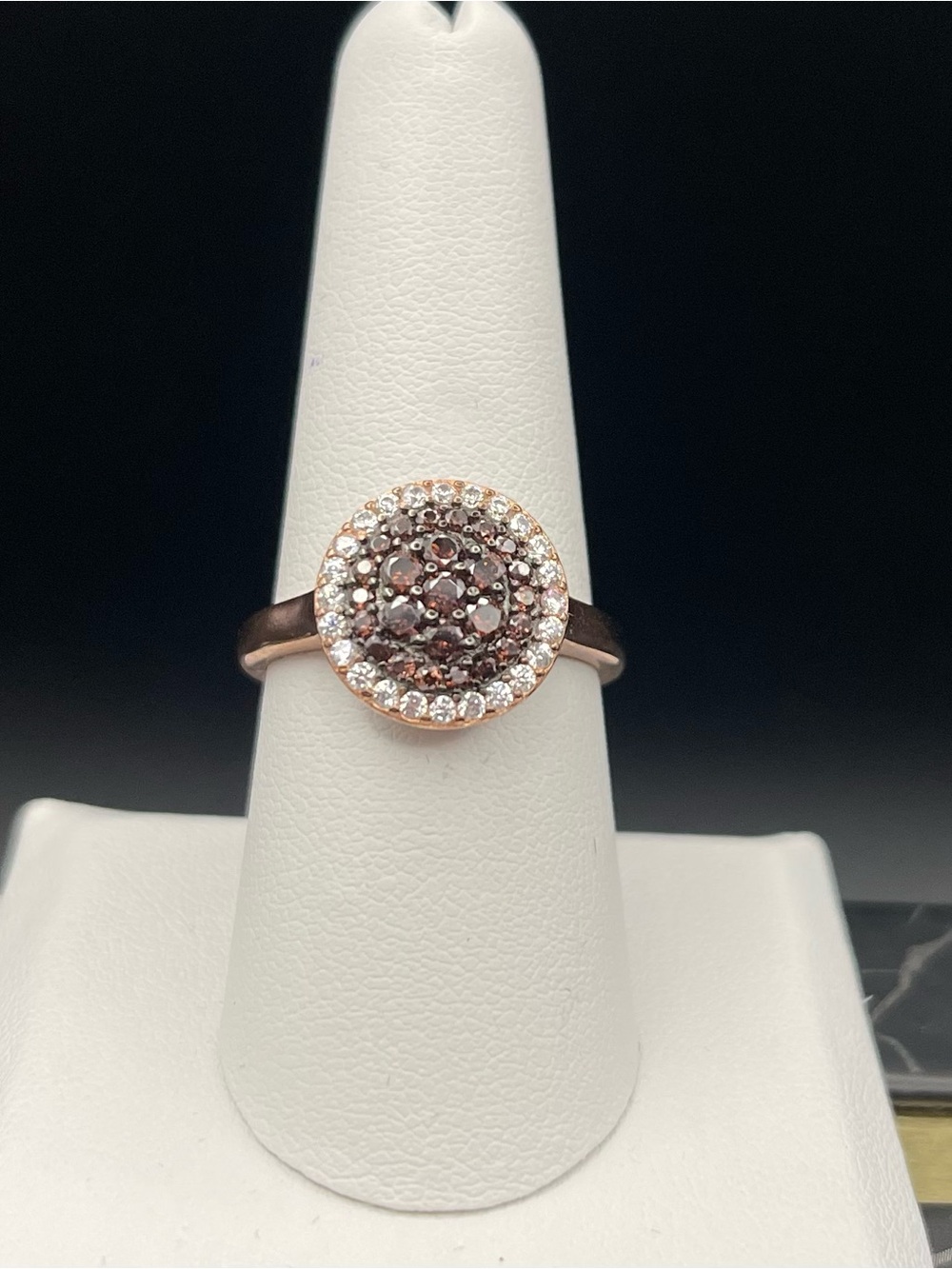 Genevieve .925 SS Chocolate Pave Rose Gold Halo Cluster Ring size 8 3.40g